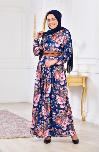 Robe Velours a Motifs 2137-04 Bleu Roi Rose Pâle 2137-04