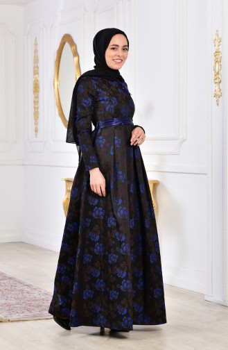 Robe de Soirée Fleurs Appliquer 2504-04 Noir Bleu Roi 2504-04