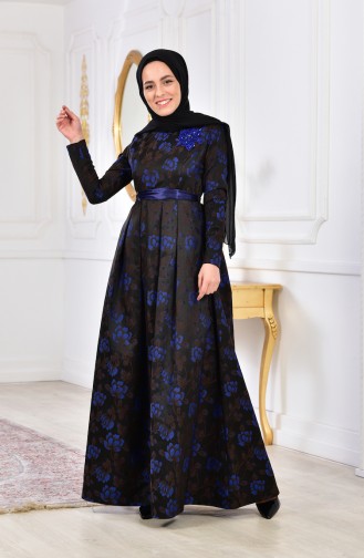 Robe de Soirée Fleurs Appliquer 2504-04 Noir Bleu Roi 2504-04