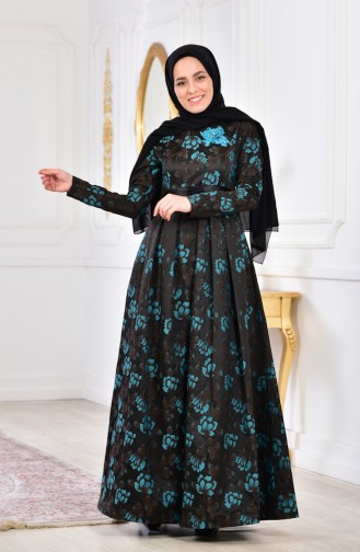 Robe de Soirée Fleurs Appliquer 2504-03 Brun Turquoise 2504-03