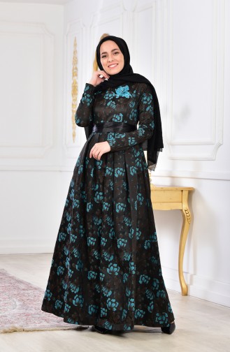 Robe de Soirée Fleurs Appliquer 2504-03 Brun Turquoise 2504-03