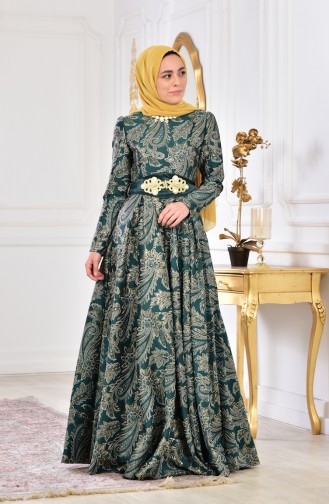 فستان بتصميم مُطبع 2449-05 لون اخضر زُمردي 2449-05