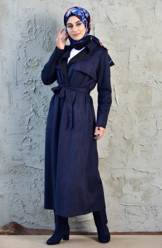 Large Size Suede Belted Trench Coat 50347A-02 Navy 50347A-02