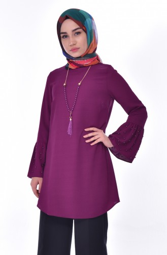 Tunique avec Collier Manches Perlées 0827-04 Plum 0827-04