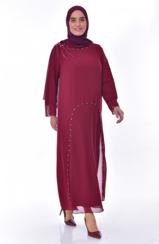 فستان بتصميم مُطبع باحجار لامعة بمقاسات كبيرة 1121-01 لون خمري 1121-01