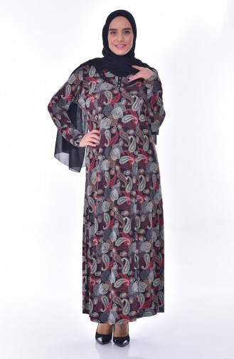 Büyük Beden Desenli Elbise 4421-02 Siyah Kahverengi