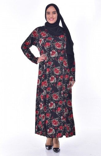 Büyük Beden Desenli Elbise 4887-05 Siyah Kırmızı