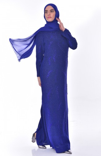 فستان سهرة يتميز تفاصيل من الؤلؤ بمقاسات كبيرة 6177-03 لون ازرق 6177-03