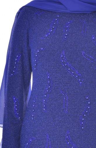 فستان سهرة يتميز تفاصيل من الؤلؤ بمقاسات كبيرة 6177-03 لون ازرق 6177-03