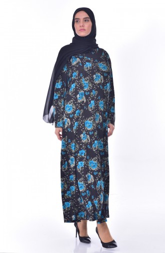 Large Size Pattern Dress 4887-03 Black Turquoise 4887-03