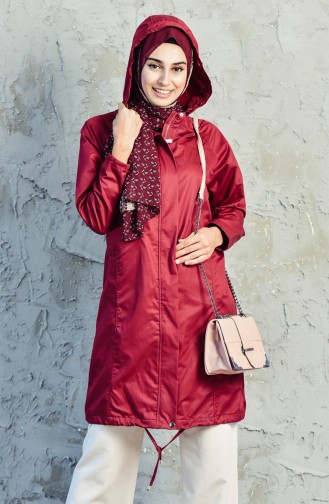 Hooded Zippered Trench Coat 6059-01 Bordeaux 6059-01