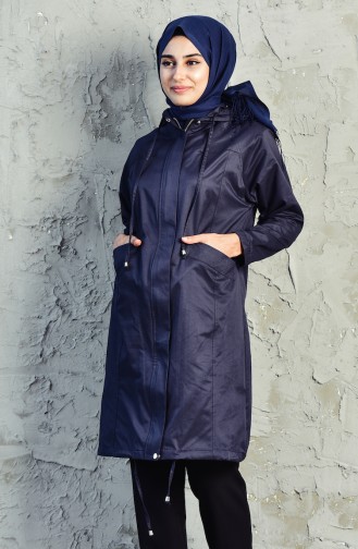 Hooded Zippered Trench Coat 6059-02 Navy 6059-02