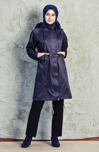 Trench Coat a Fermeture et Capuche 6059-02 Bleu Marine 6059-02