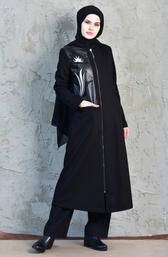 SUKRAN Leather Detailed Long Coat 35794A-01 Black 35794A-01