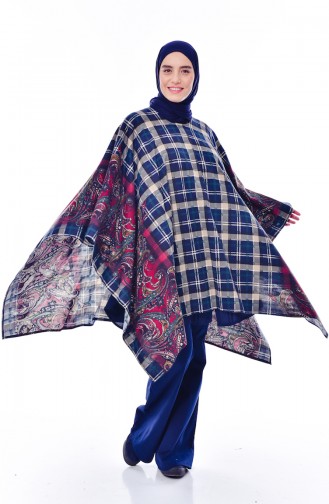 Poncho a Motifs Grande Taille 6020-01 Bordeaux Bleu Marine 6020-01