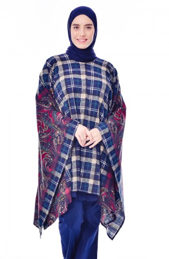 Plus Size Patterned Poncho 6020-01 Bordeaux Navy Blue 6020-01