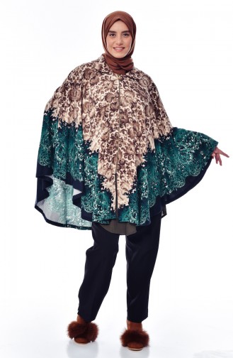 Plus Size Patterned Poncho 6002-01 Brown Emerald Green 6002-01