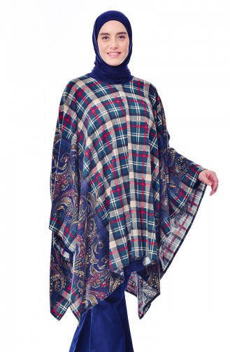 Plus Size Patterned Poncho 6020-02 Emerald Green Navy 6020-02