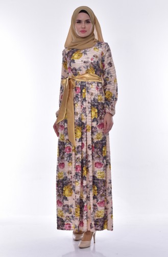 Floral Patterned Velvet Dress 2137-05 Beige Yellow 2137-05