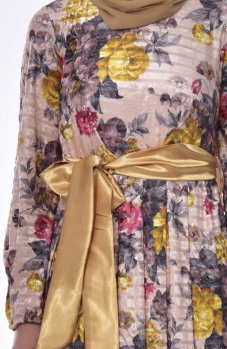 Floral Patterned Velvet Dress 2137-05 Beige Yellow 2137-05