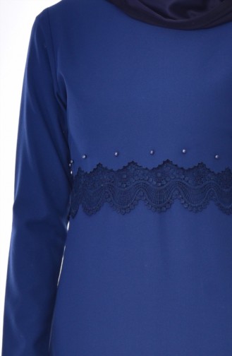 فستان بتفاصيل من الدانتيل 1501-03 لون نيلي 1501-03