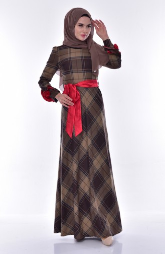 Plaid Patterned Dress 2128-02 Brown 2128-02