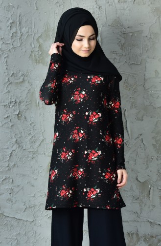 Flower Patterned Tunic 3050-01 Black Red 3050-01