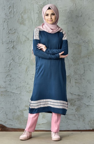 Patterned Tricot Tunic 0594-09 Navy Blue 0594-09