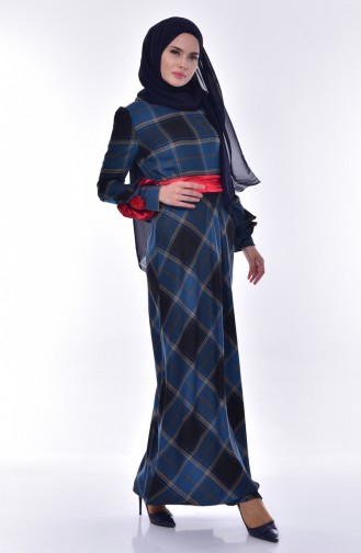 Plaid Patterned Dress 2128-04 Petrol 2128-04