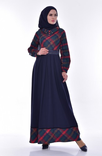 Garnished Belted Dress 2142-01 Green Navy Blue 2142-01