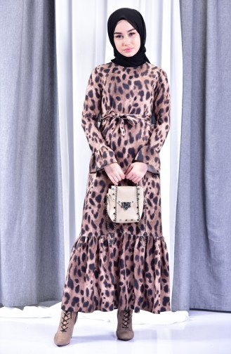 Leopar Desenli Kuşaklı Elbise 60721-01 Bej