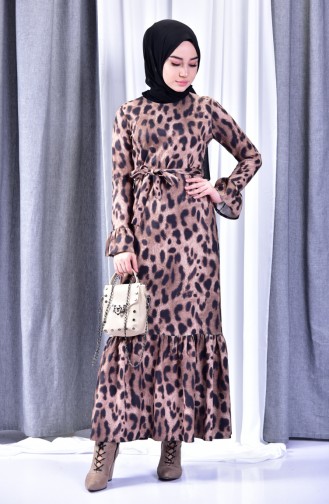 Leopar Desenli Kuşaklı Elbise 60721-01 Bej