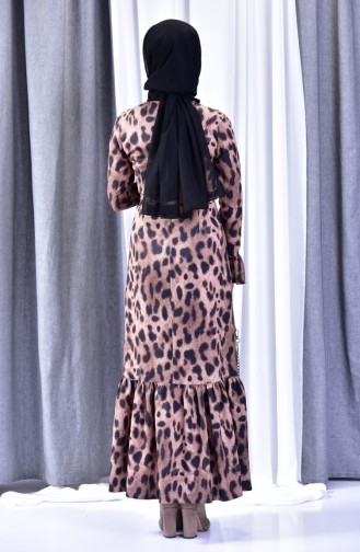 Leopar Desenli Kuşaklı Elbise 60721-01 Bej