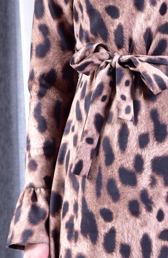 Leopar Desenli Kuşaklı Elbise 60721-01 Bej