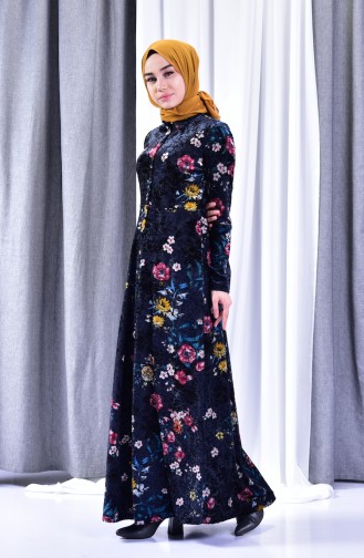 Robe Velours Fleuries 2991-02 Bleu Marine 2991-02