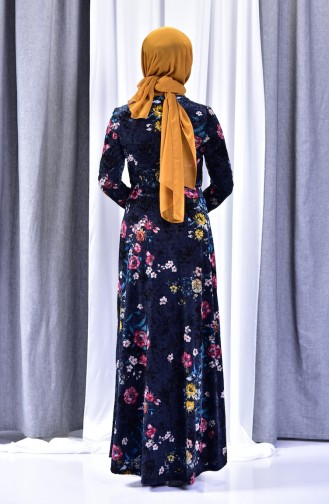 Çiçekli Kadife Elbise 2991-02 Lacivert