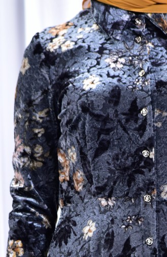Çiçekli Kadife Elbise 2991-01 Siyah