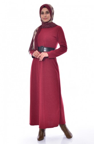 Kemerli Elbise 3988-02 Kırmızı