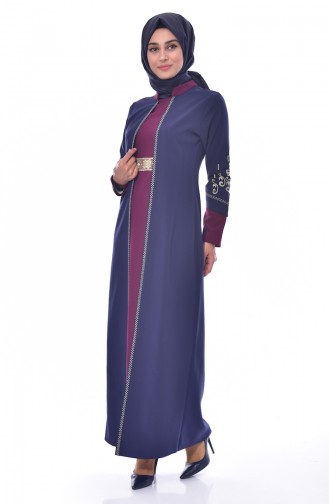 فستان بتفاصيل مُطرزة 1504-02 لون ارجواني وكحلي 1504-02