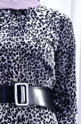 Leopard Patterned Velvet Dress 2991A-02 Gray 2991A-02