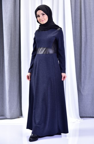 Deri Detaylı Elbise 1520-01 Lacivert