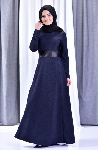 Leather Detail Dress 1520-01 Navy Blue 1520-01