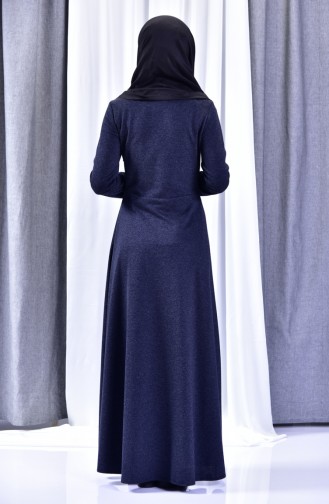 فستان بتفاصيل من الجلد 1520-01 لون كحلي 1520-01