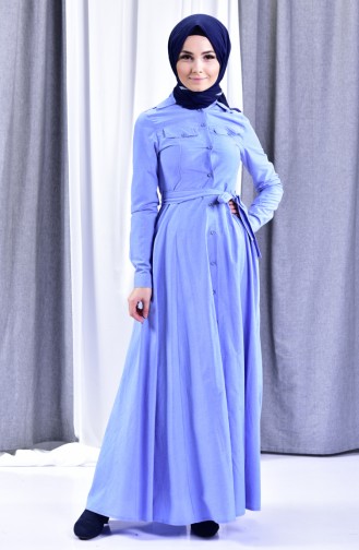 Kuşaklı Elbise 1091-01 Mavi