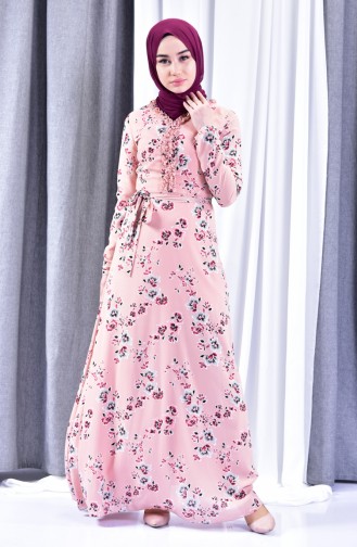 فستان كريب بتصميم مُطبع 3359-01 لون وردي 3359-01