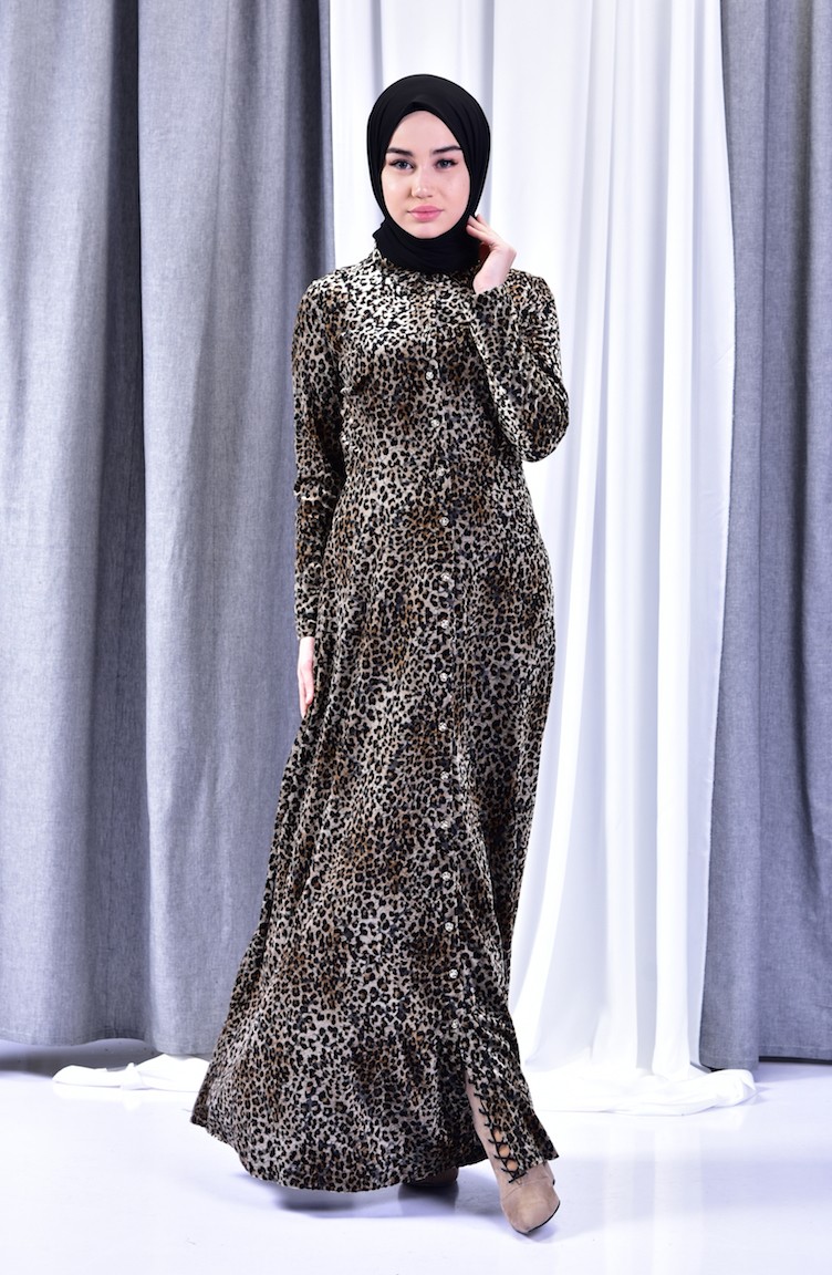 Leopar Desenli Kadife Elbise 2991A-01 Kahverengi