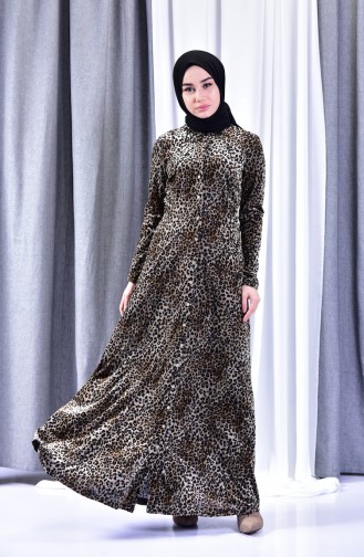 Leopar Desenli Kadife Elbise 2991A-01 Kahverengi