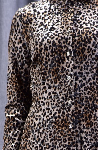 Leopar Desenli Kadife Elbise 2991A-01 Kahverengi