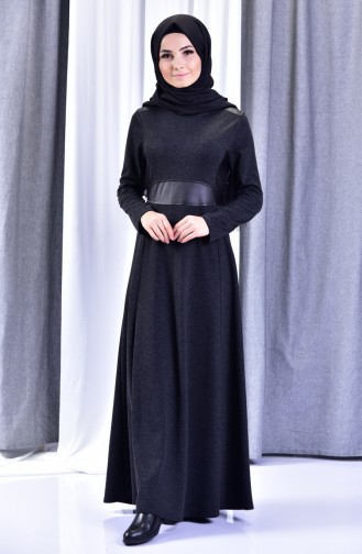 Deri Detaylı Elbise 1520-02 Siyah