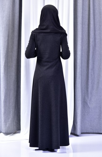 Deri Detaylı Elbise 1520-02 Siyah 1520-02